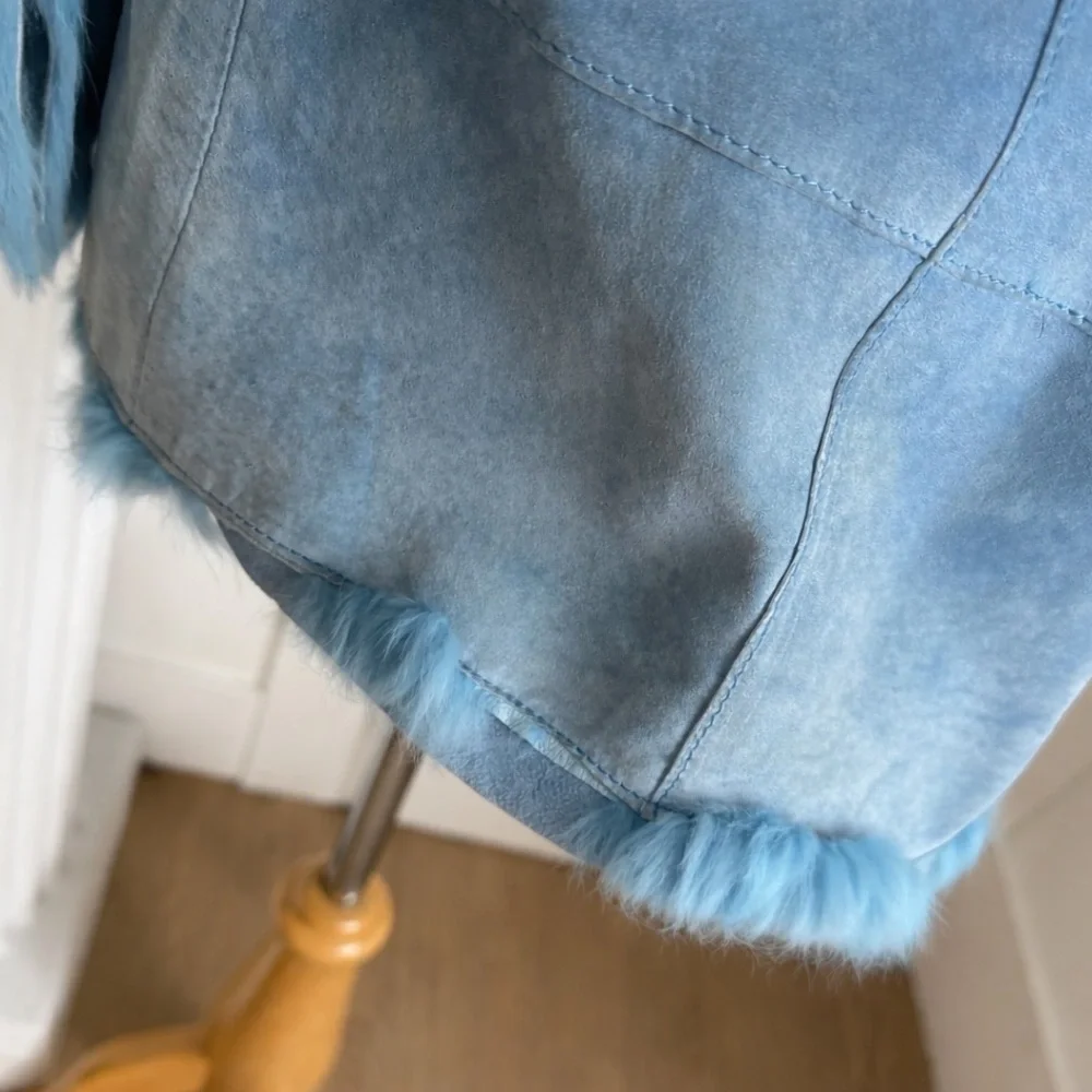 Robins Egg Blue Mink Fur Trim Leather Jacket - Picture 4 of 5